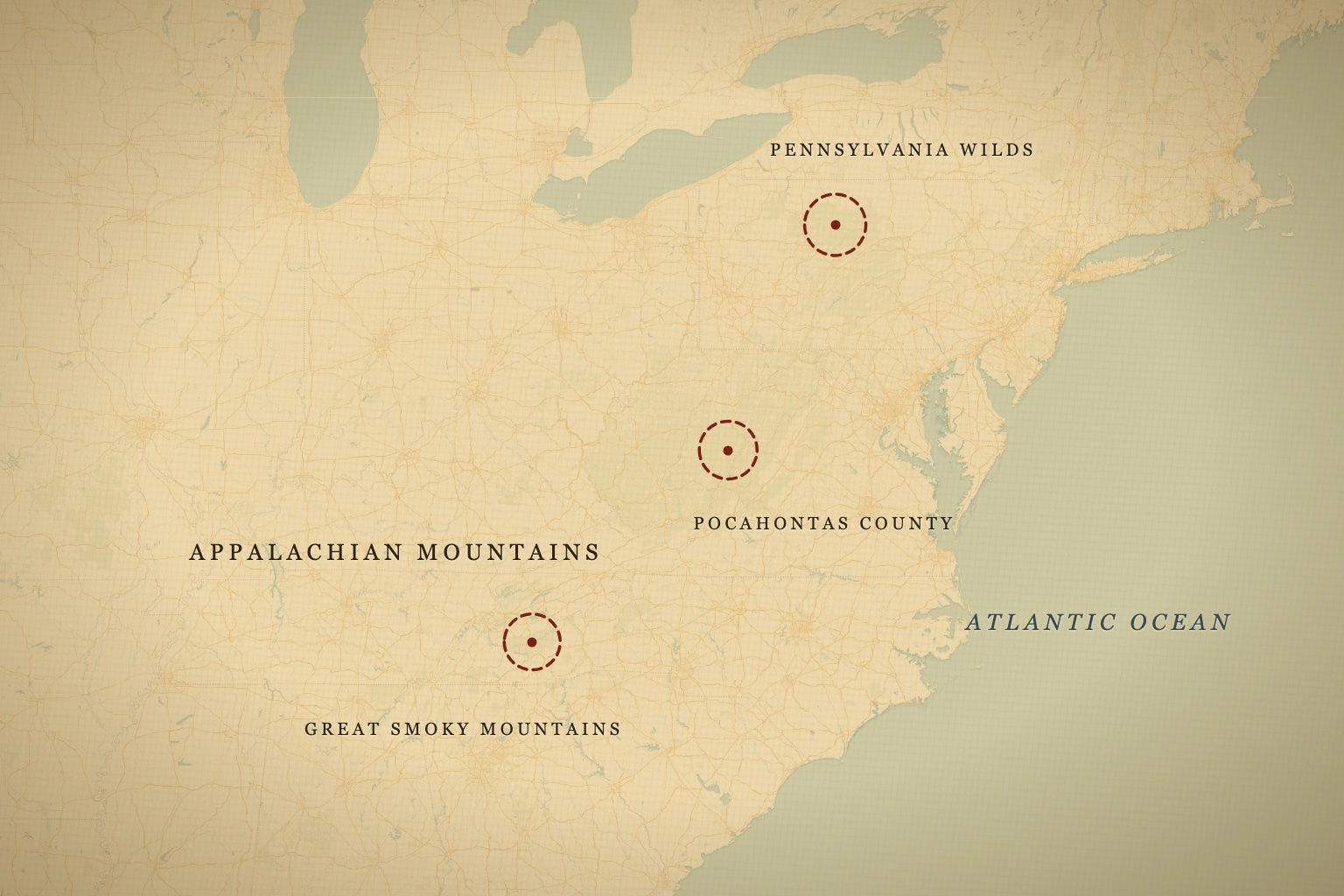 Three reporting corridors along the range: the Great Smokies, Pocahontas County, and the Pennsylvania Wilds. Map data © OpenStreetMap contributors, tiles © CARTO.