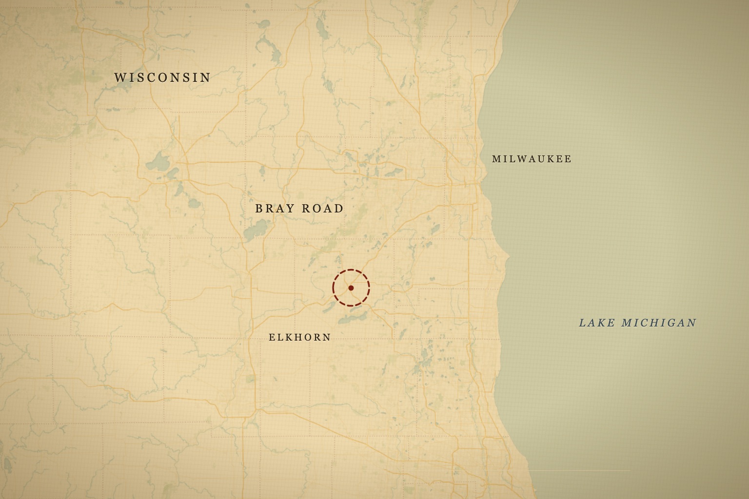 Bray Road runs just east of Elkhorn in Walworth County, Wisconsin. Map data © OpenStreetMap contributors, tiles © CARTO.