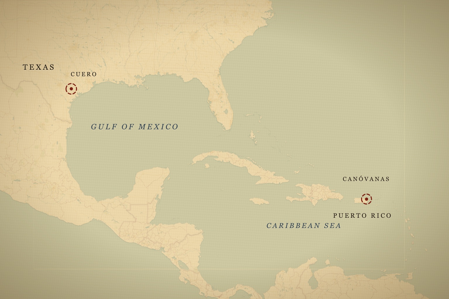 One name, two epicenters: Canóvanas, Puerto Rico, and the Texas brush country around Cuero. Map data © OpenStreetMap contributors, tiles © CARTO.