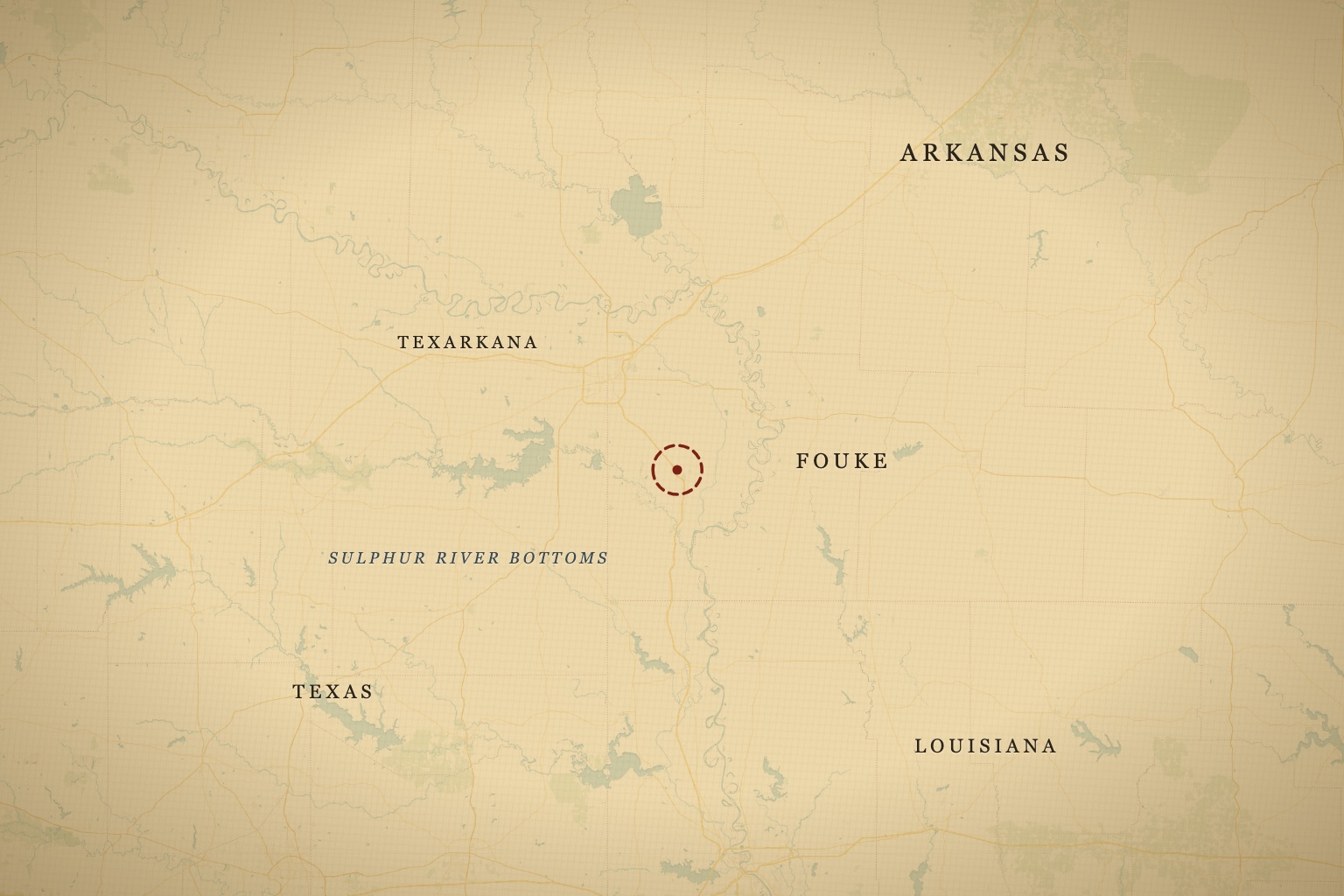 The Sulphur River bottoms and Boggy Creek drainage south of Texarkana, Arkansas. Map data © OpenStreetMap contributors, tiles © CARTO.