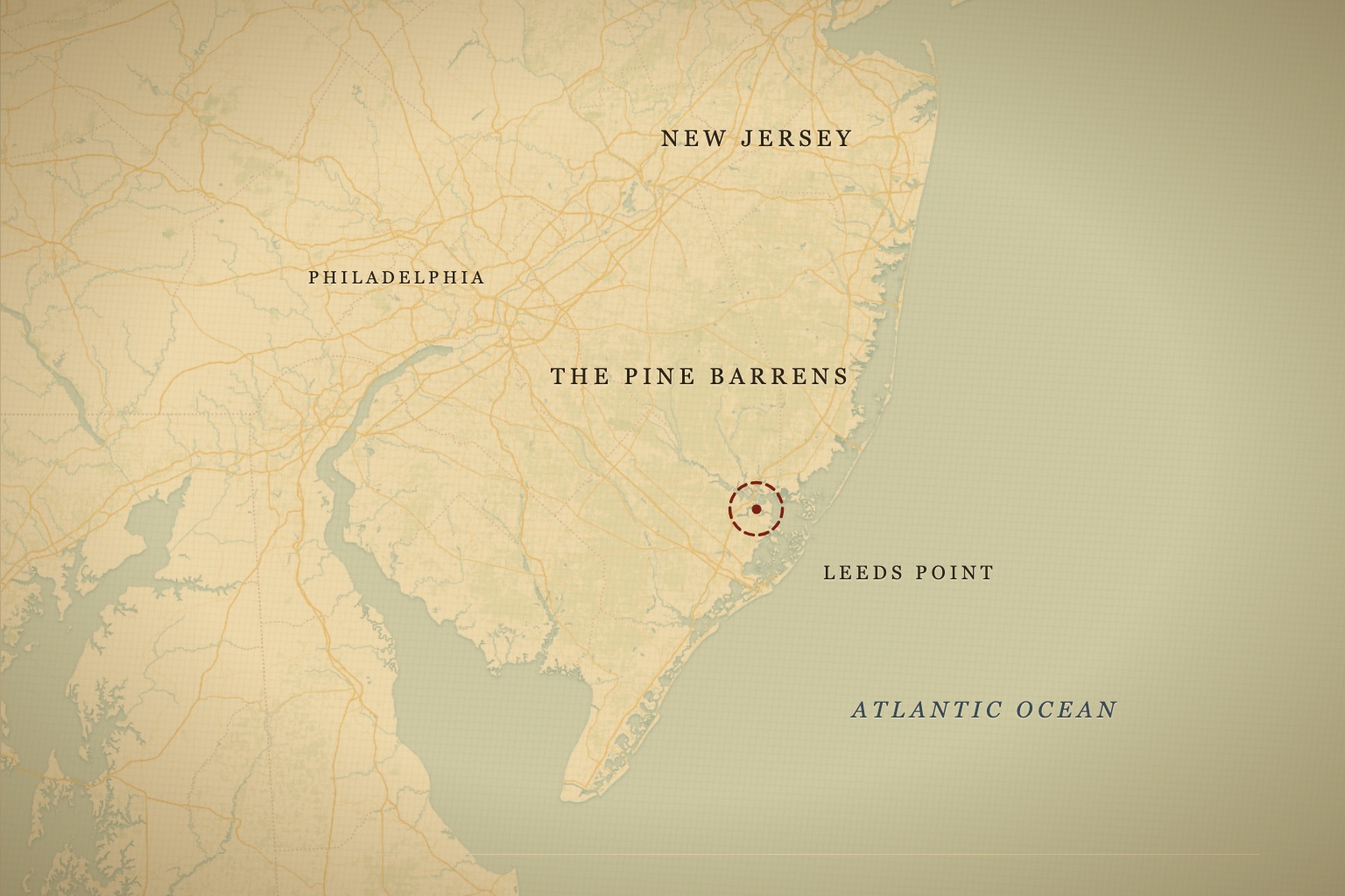 Leeds Point, on the marshy eastern edge of New Jersey's Pine Barrens. Map data © OpenStreetMap contributors, tiles © CARTO.