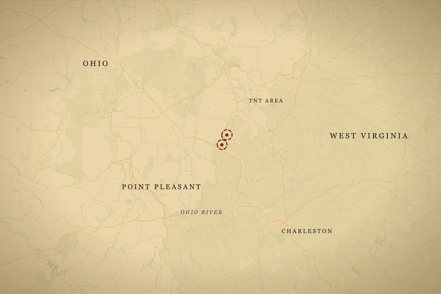 Point Pleasant sits on the Ohio River at the West Virginia–Ohio line; the TNT Area lies a few miles north of town. Map data © OpenStreetMap contributors, tiles © CARTO.