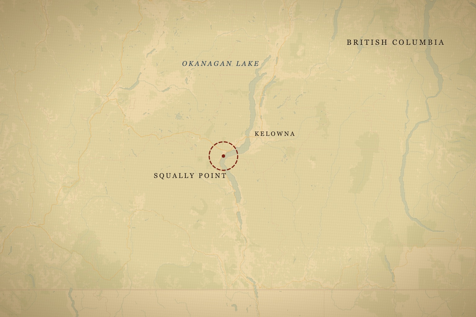 Squally Point on Okanagan Lake, south of Kelowna — the heart of the n'ha-a-itk tradition. Map data © OpenStreetMap contributors, tiles © CARTO.